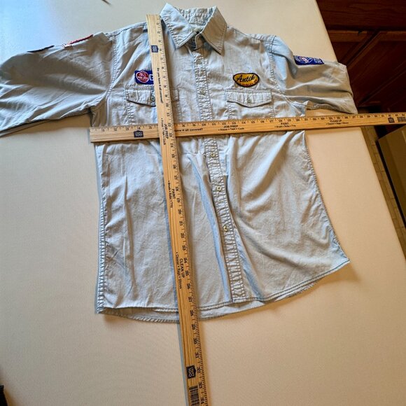 Antik Denim Button Up Patch Shirt Mens Large Blue Long Roll Tab Sleeves Patches - Picture 7 of 13